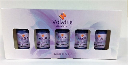 Set of five Volatile sauna gift packaging with 30ml bottles of essential oils for aromatherapy and relaxation.