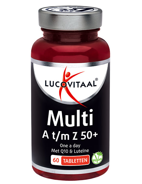Lucovitaal Multi A t/m Z 50+ multivitamin tablets, showing a bottle of dietary supplement for adults over 50.