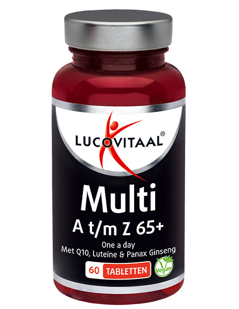 Lucovitaal Multi A t/m Z 65+ multivitamin tablets in a bottle, designed for adults over 65 for daily nutritional support.
