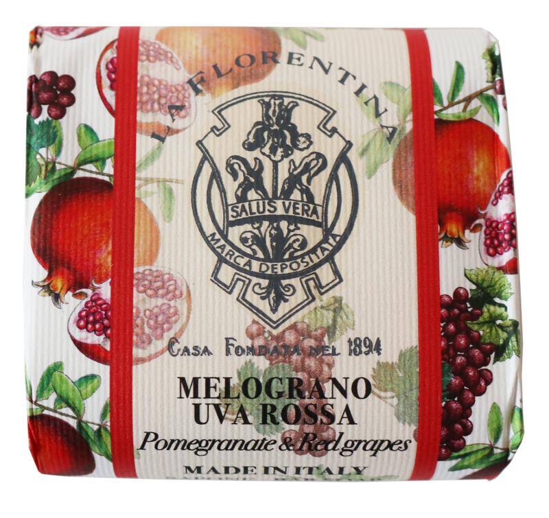 La Florentina Zeep with pomegranate and red grape scent, 106g, showing the soap bar with purple and pink swirls.