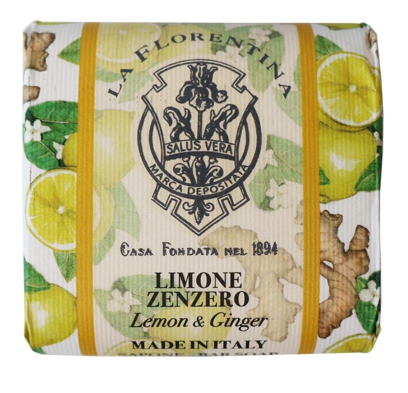 La Florentina citroen-gember zeep bar with textured surface and lemon-ginger scent, weighing 106 grams.