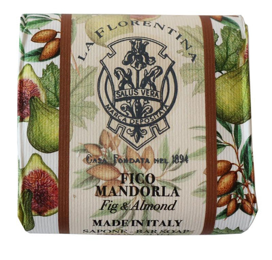 La Florentina Zeep vijg-amandel soap bar with fig and almond, 106 grams, showing the textured soap with natural ingredients