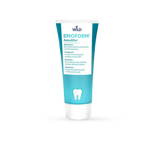 Emoform Sensitive fluoride toothpaste in 75ml tube, designed for sensitive teeth, shown in the image.