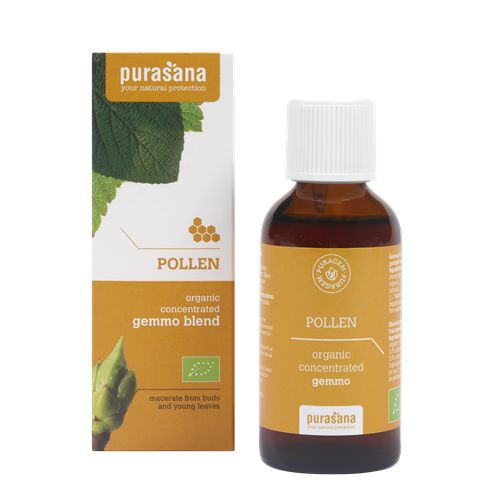 Purasana Puragem organic pollen supplement in a 50ml bottle, showcasing herbal preparation from Purasana's kruidenpreparaten line.