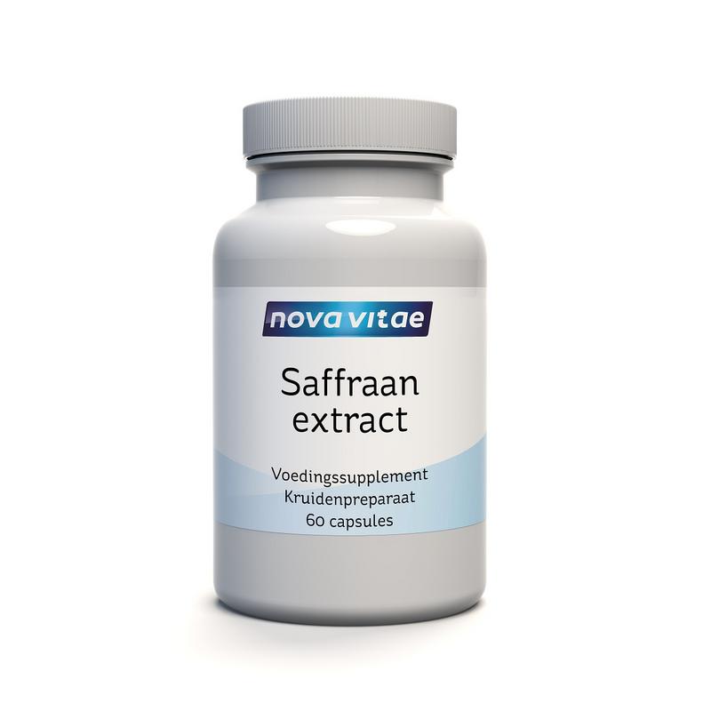 Nova Vitae saffron extract capsules showing the bottle and label, showcasing herbal supplement packaging with saffron crocus imagery.