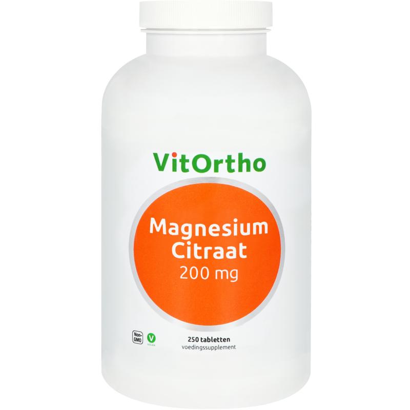 VitOrtho Magnesium Citraat 200 mg mineral tablets, showing a bottle of dietary supplement tablets for mineral support.