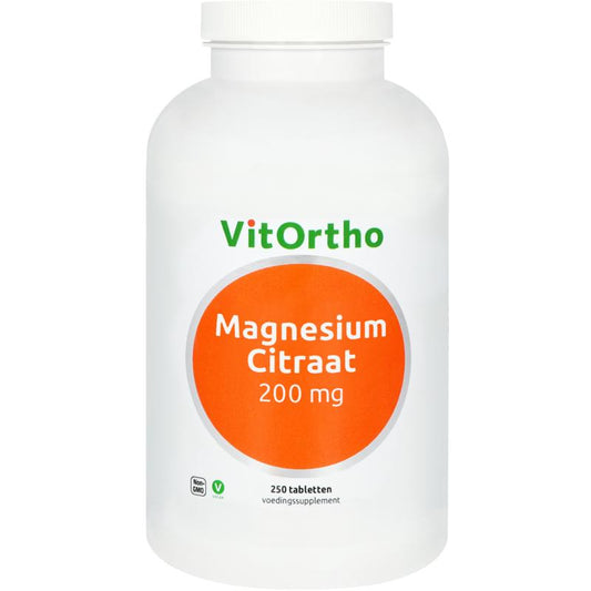 VitOrtho Magnesium Citraat 200 mg mineral tablets, showing a bottle of dietary supplement tablets for mineral support.