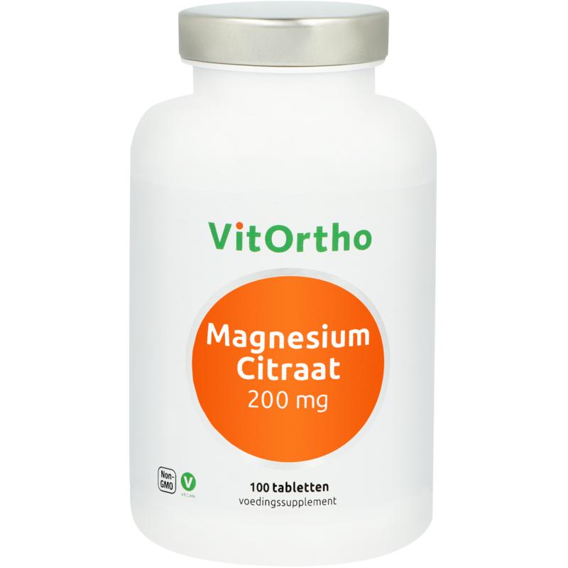 VitOrtho Magnesium Citrat 200 mg mineral supplement in a bottle of 100 tablets, showing the supplement tablets and packaging.