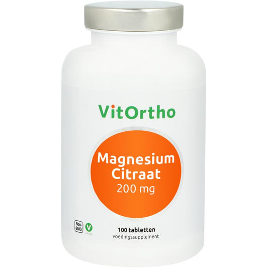 VitOrtho Magnesium Citrat 200 mg mineral supplement in a bottle of 100 tablets, showing the supplement tablets and packaging.