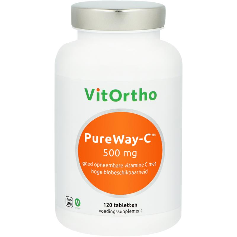 VitOrtho Vitamine C PureWay-C 120 tablets, natural vitamin supplement with orange-colored tablets and packaging.
