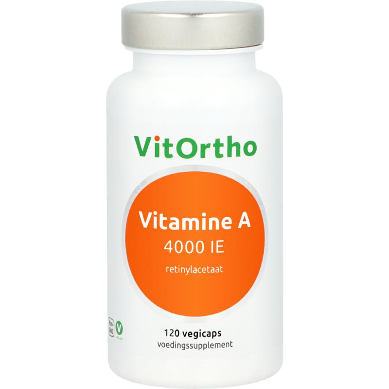 VitOrtho Vitamin A 4000IU vegetarian capsules showing the supplement bottle and capsules in a natural setting.