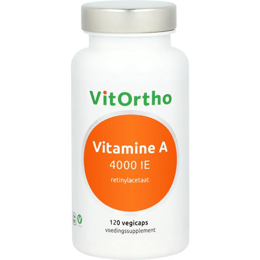 VitOrtho Vitamin A 4000IU vegetarian capsules showing the supplement bottle and capsules in a natural setting.