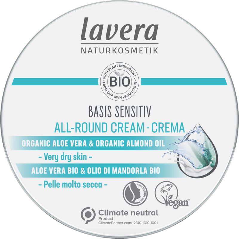 Lavera Basis Sensitiv all-round cream for body care in 150ml, featuring natural, soothing ingredients for sensitive skin.