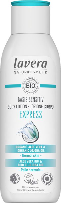 Lavera Basis Sensitiv bodylotion express bio 250ml bottle, natural skincare for sensitive skin with a gentle, moisturizing formula.