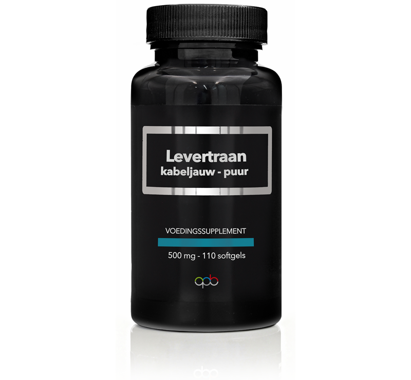 APB Holland Levertraan kabeljauw puur 500mg softgels, omega-3 vetzuren supplement in clear bottle with softgel capsules.