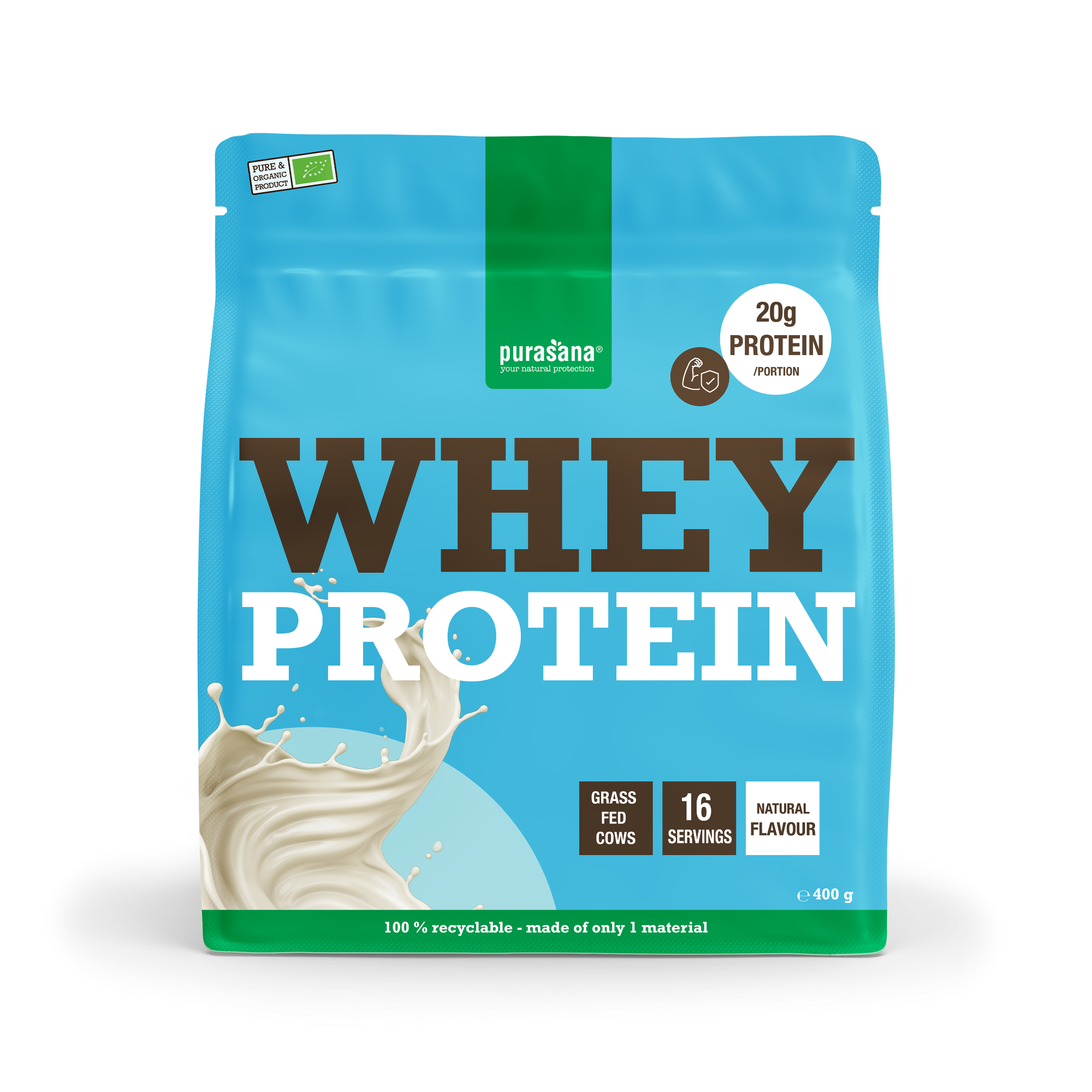 Purasana Whey Proteine Naturel Bio amino acids supplement in 400g container, showing the product packaging and label.