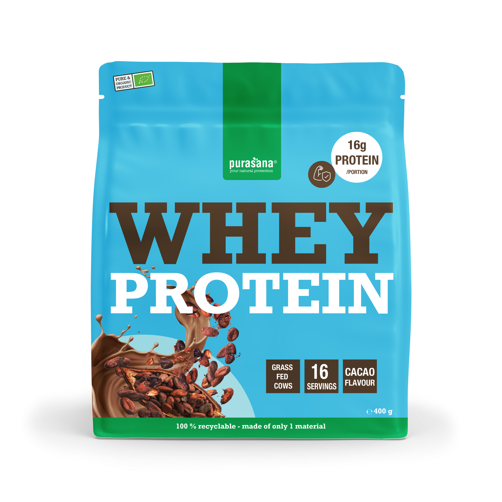 Purasana Whey Proteine Cacao Bio 400g container with protein powder and label showing natural cacao flavor.