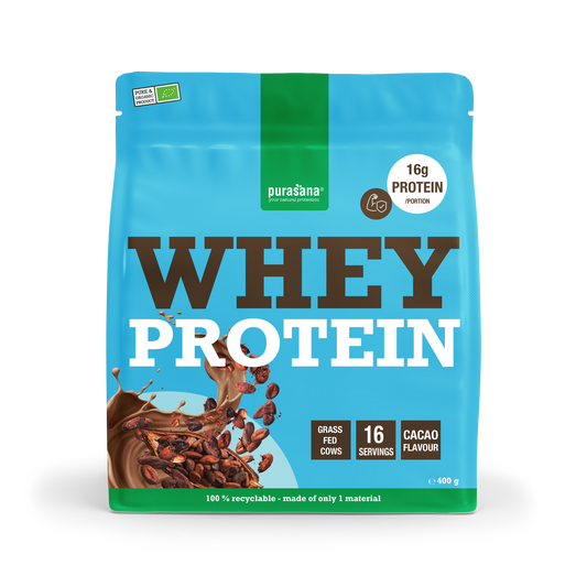 Purasana Whey Proteine Cacao Bio 400g container with protein powder and label showing natural cacao flavor.