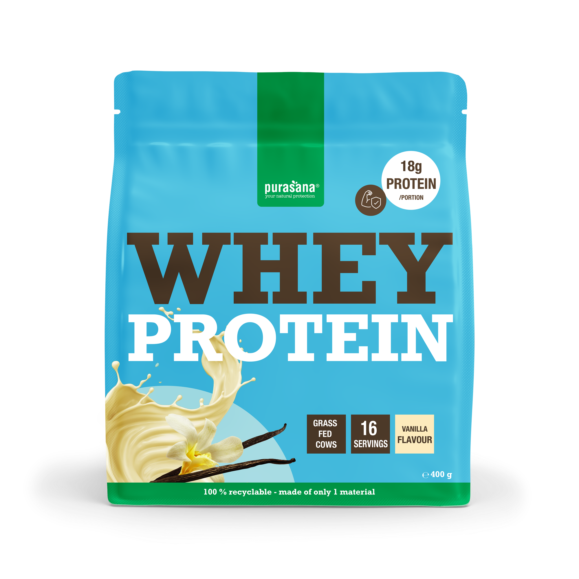 Purasana Whey Protein Vanille 400g container, showing the label and product packaging for amino acids supplement.