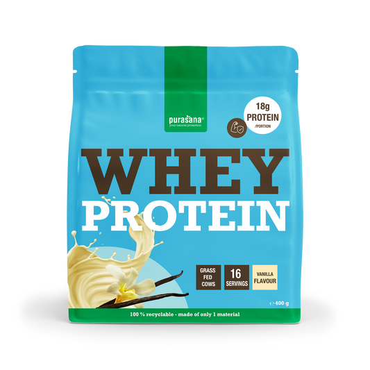 Purasana Whey Protein Vanille 400g container, showing the label and product packaging for amino acids supplement.