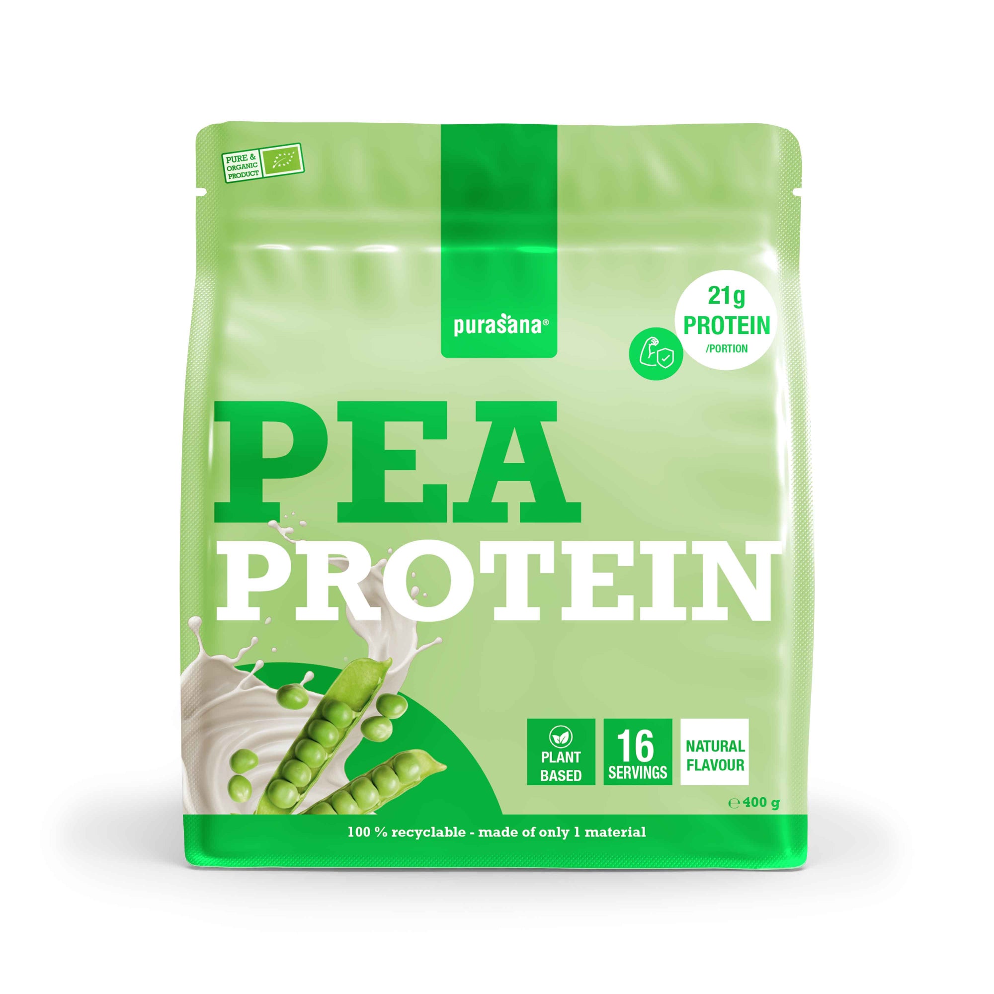 Purasana Plant Protein Erwt Natuur Bio 400g jar with label, natural pea protein supplement for amino acids, eco-friendly packaging