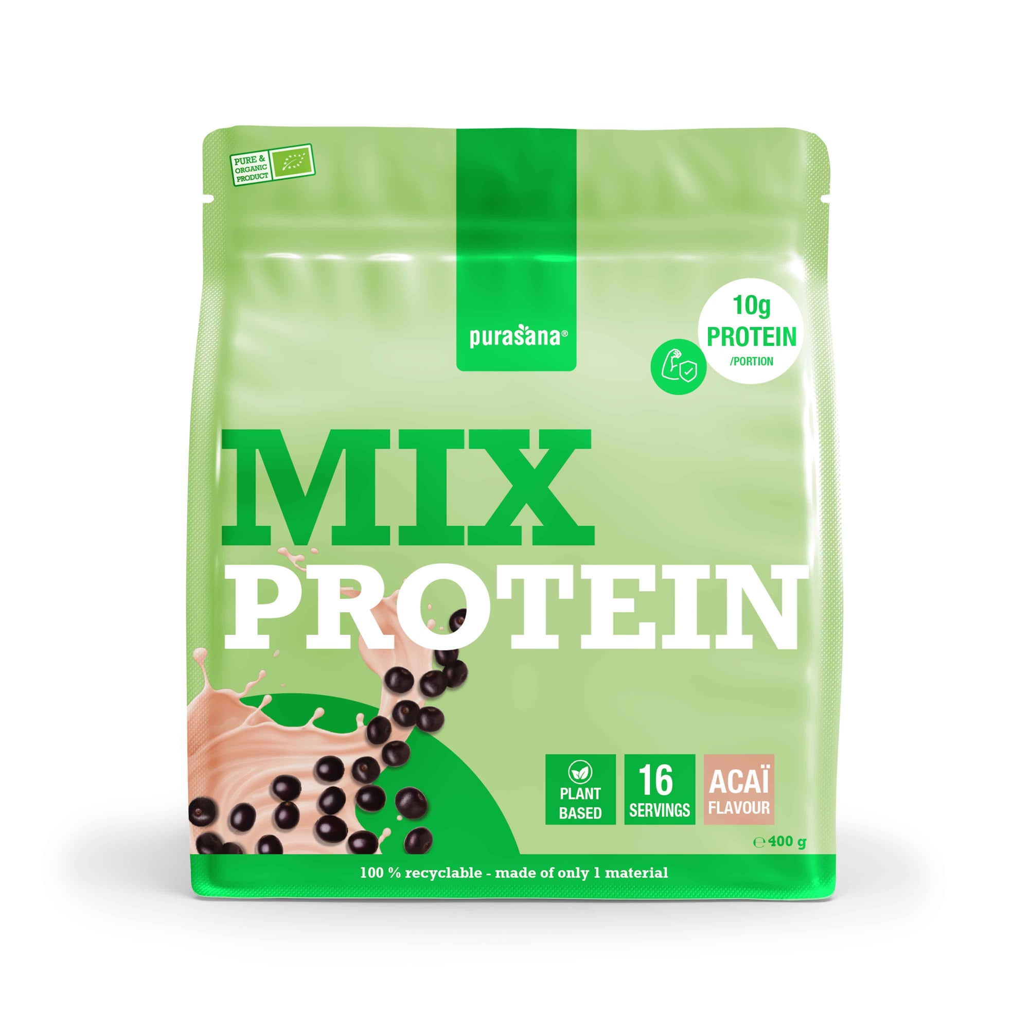 Purasana Plant Protein Mix with beetroot bio, 400g, featuring amino acids, in a resealable bag with fresh beetroot ingredients.