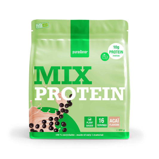 Purasana Plant Protein Mix with beetroot bio, 400g, featuring amino acids, in a resealable bag with fresh beetroot ingredients.