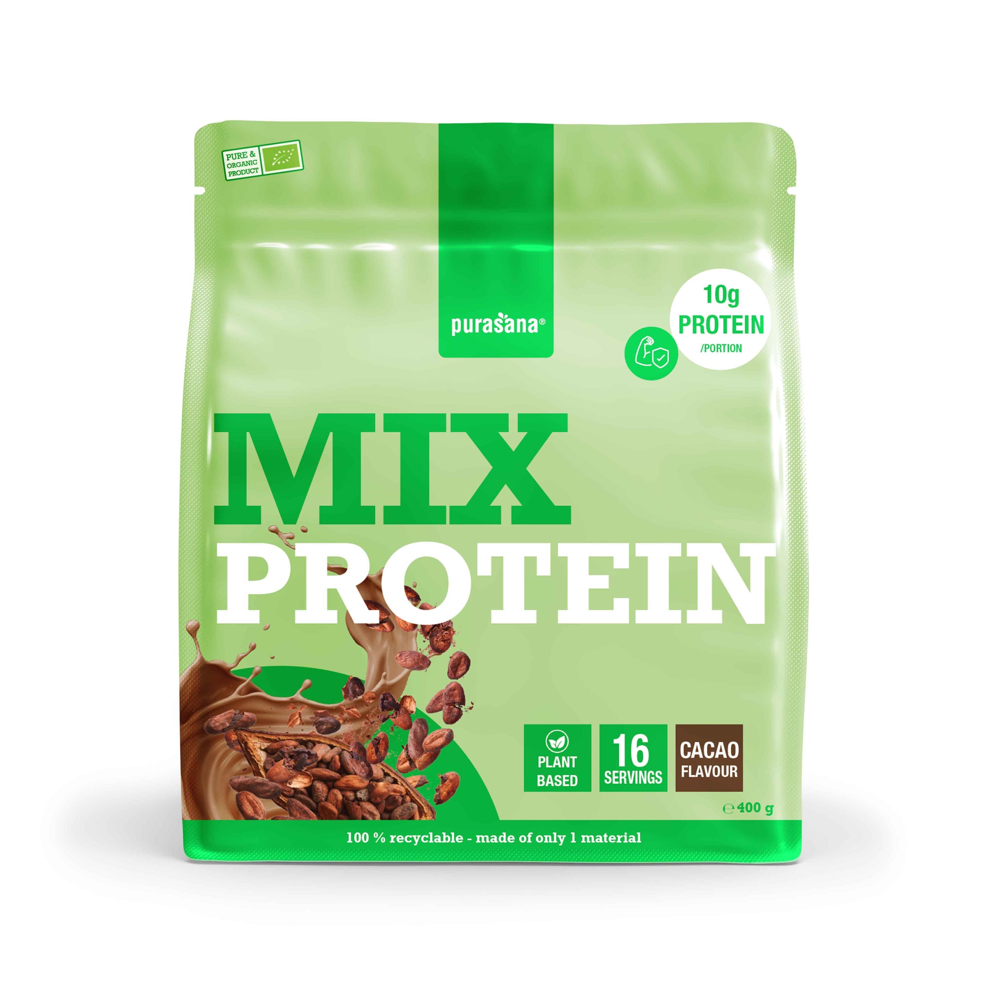 Purasana Plant Protein Mix Cacao Bio, 400g, featuring a resealable bag with the product label and cacao flavor branding.