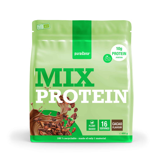 Purasana Plant Protein Mix Cacao Bio, 400g, featuring a resealable bag with the product label and cacao flavor branding.