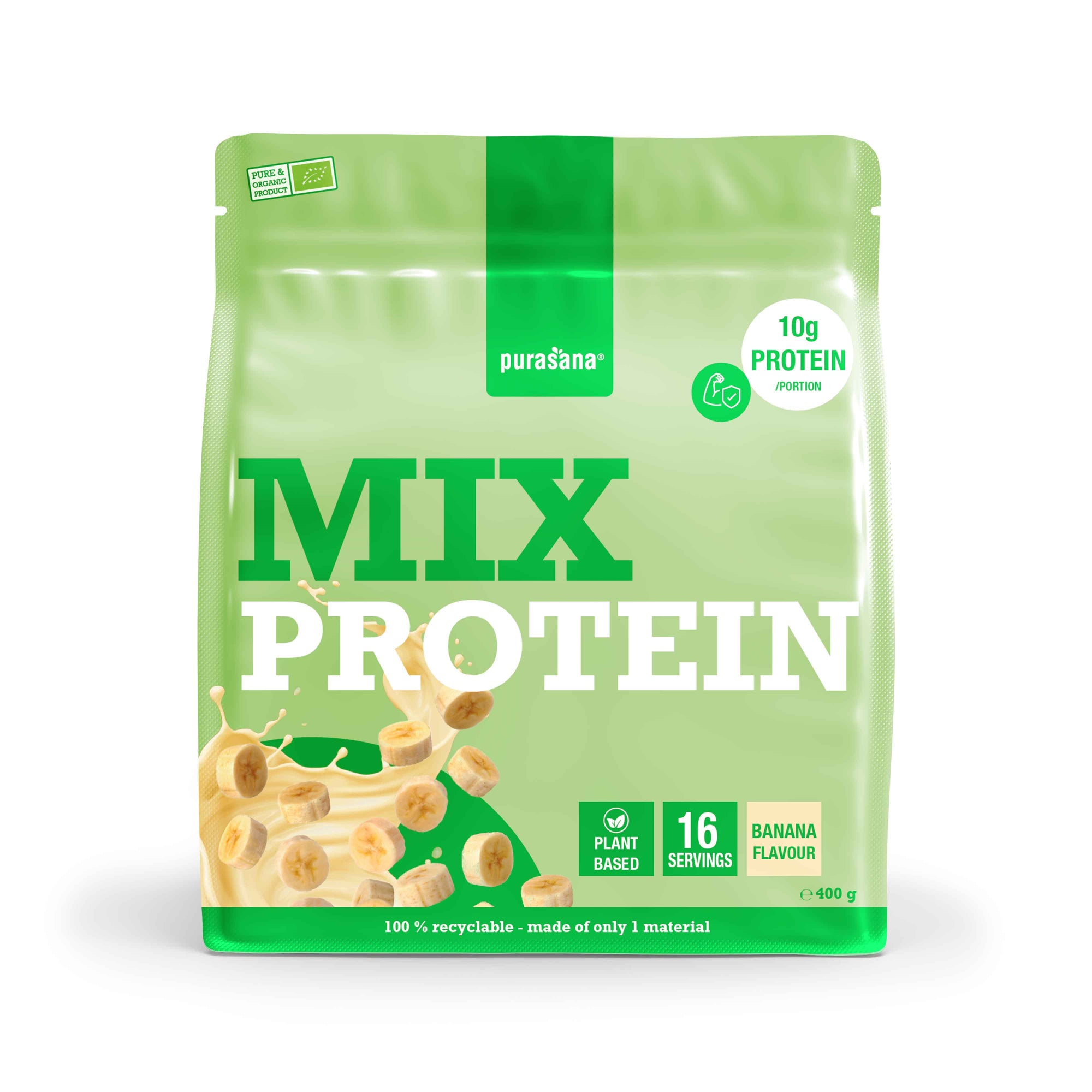 Purasana Plant Protein Mix Banana bio container, 400g, with amino acids and natural banana flavor in a plastic jar.
