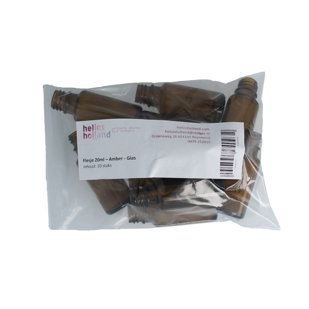 Helios Holland Flesje glas 20ml amber 10.00 Stuks