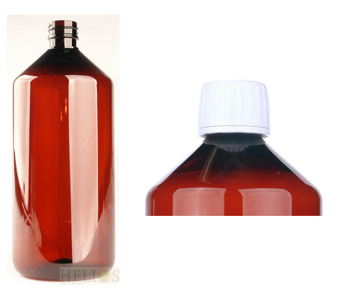 Amber PET medicine bottles with white caps, 1000ml, Helios Holland packaging material, set of six.