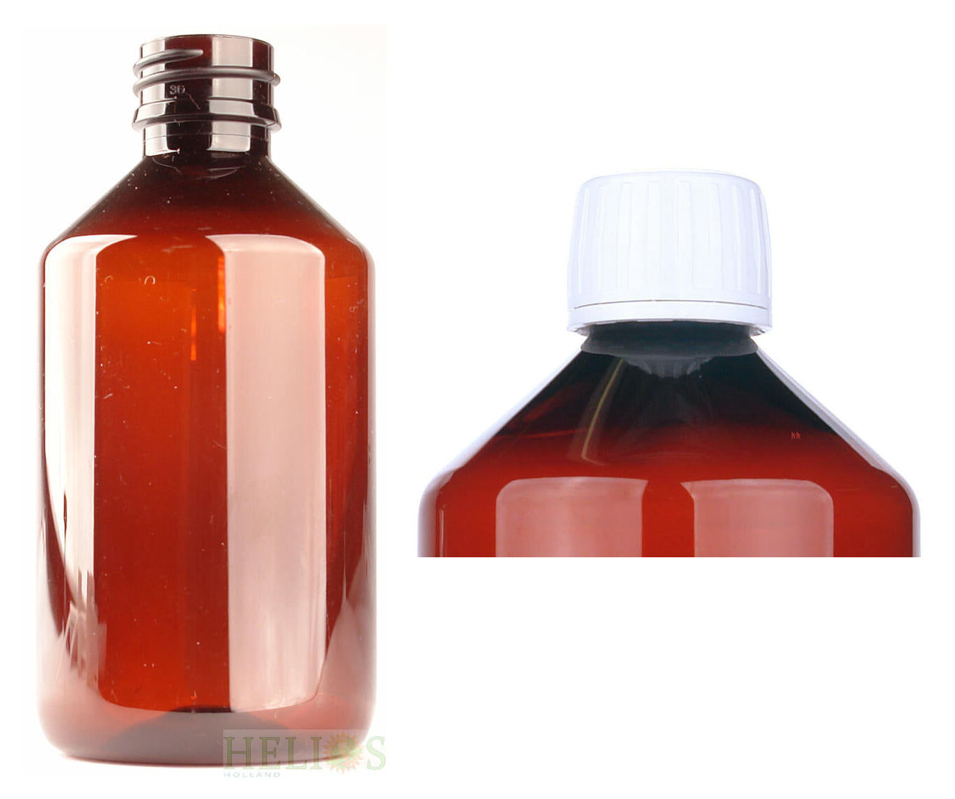Amber PET medication bottles with white caps, 500ml, Helios Holland packaging material, set of nine.
