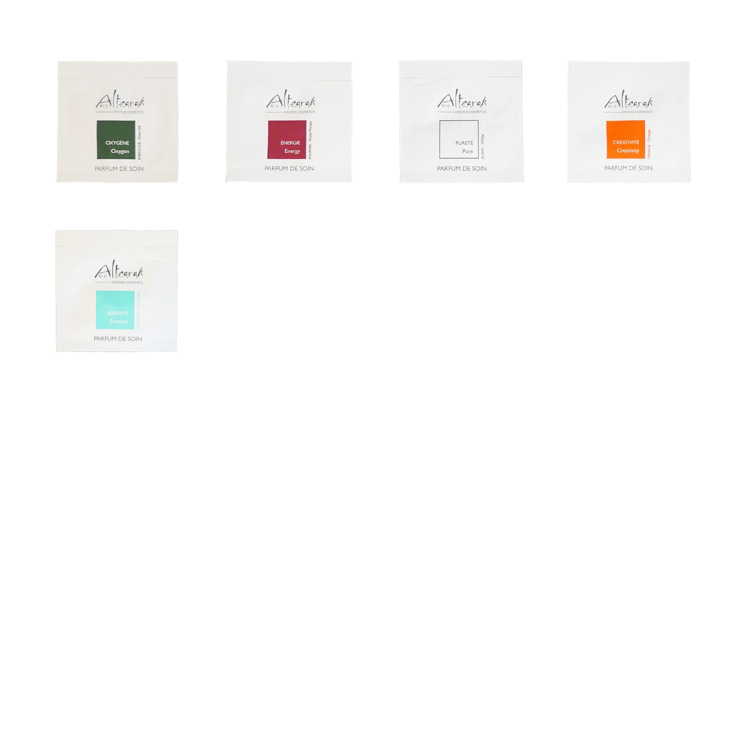 Set of five Altearah organic care perfumes, featuring natural scents in small bottles, designed for personal wellness and aromatic use.