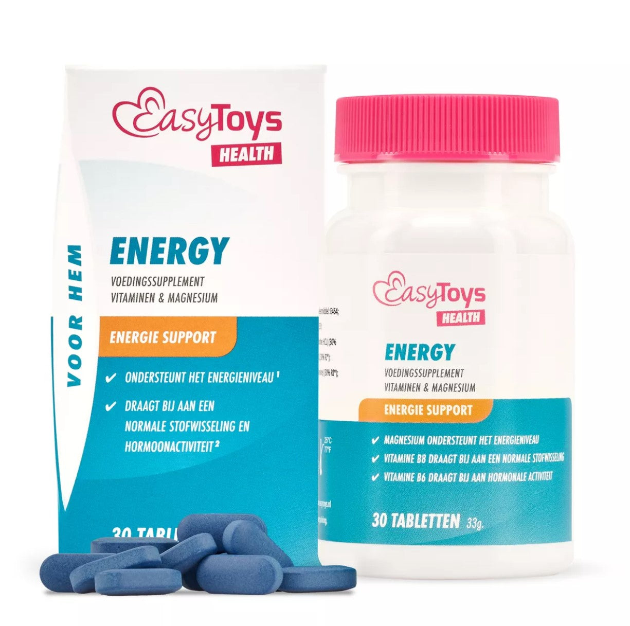 EasyToys Health Energy Man dietary supplement box with 30 tablets, featuring vibrant packaging and product details.