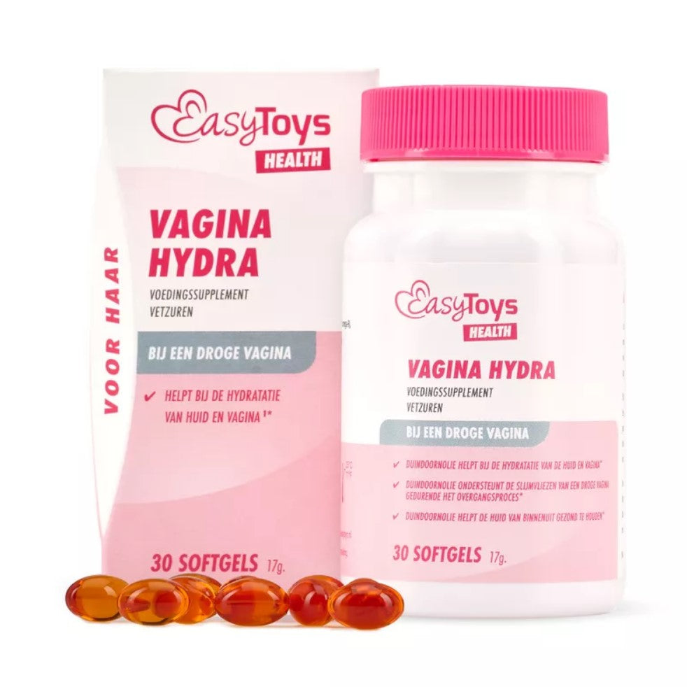 EasyToys Health Vagina Hydra vrouw softgels bottle, dietary supplement for feminine health, white container with label.