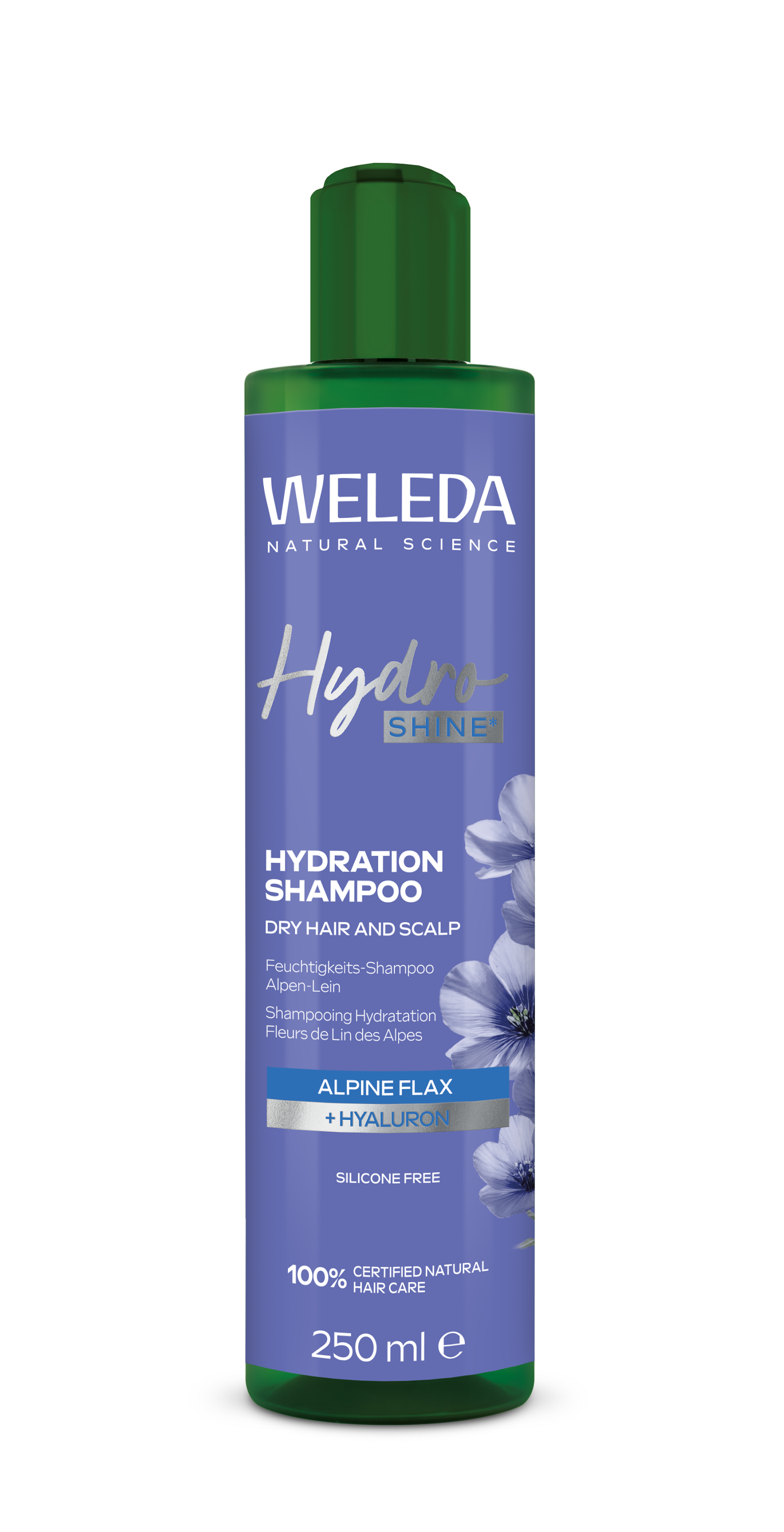 Weleda Hydra Shine Shampoo Bio 250ml bottle, natural hair care product with a sleek bottle design and label.