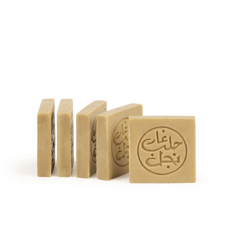 Set of five Najel Aleppo soap bars, 100g each, traditional olive and laurel soap with natural ingredients.