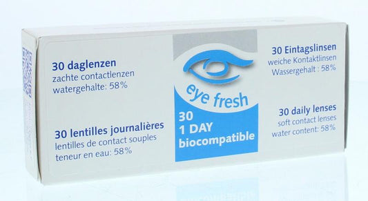 Eyefresh Daglenzen -2.50 contact lenses in a box of 30, shown in a retail display with packaging details.
