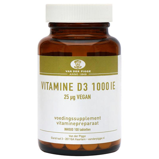 Van der Pigge vegan Vitamin D 1000IU tablets, close-up of a bottle with 100 tablets in a white bottle with label