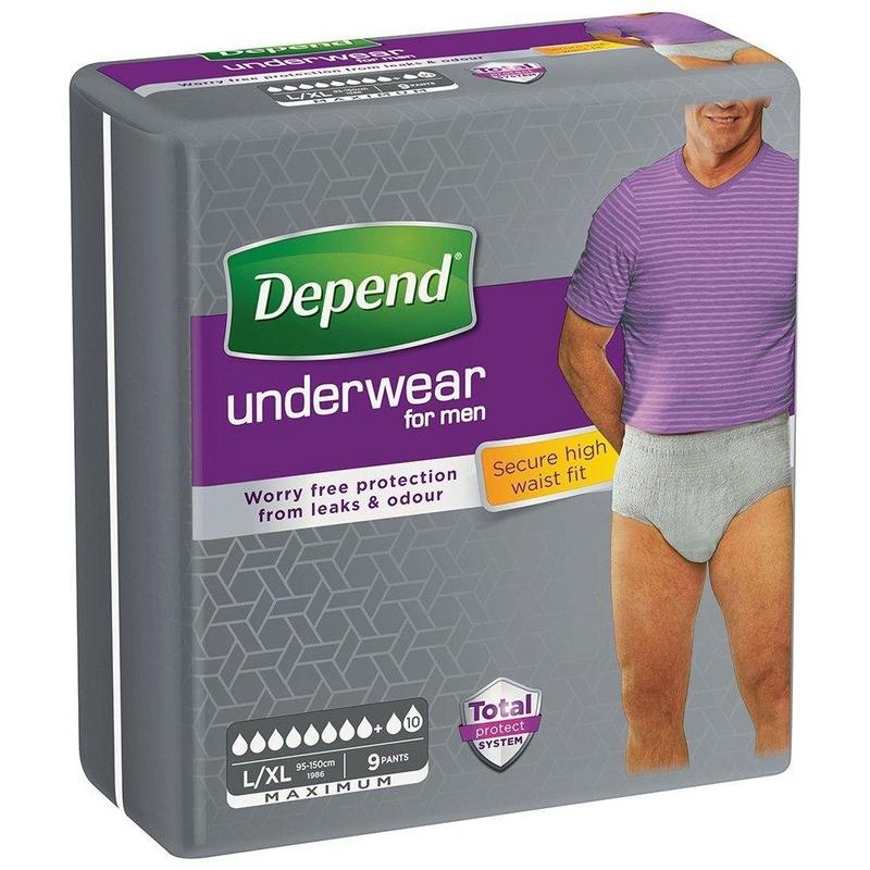 Depend Men’s Incontinence Pants Max, size L/XL, pack of 9, designed for discreet and secure incontinence protection.