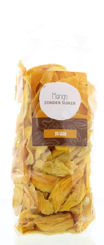 Dried mango slices from MijnNatuurwinkel in a 250g package, showcasing vibrant orange fruit pieces on a white background.