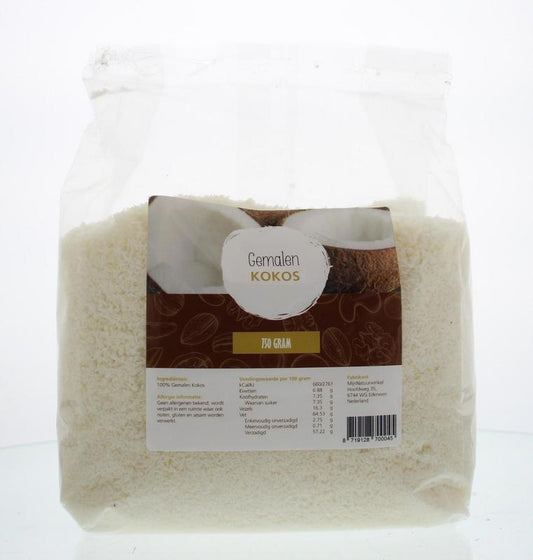 MijnNatuurwinkel gemalen kokos in een 750 gram verpakking, geschikt voor koken en bakken, met een lichte, geraspte kokos uitstraling.