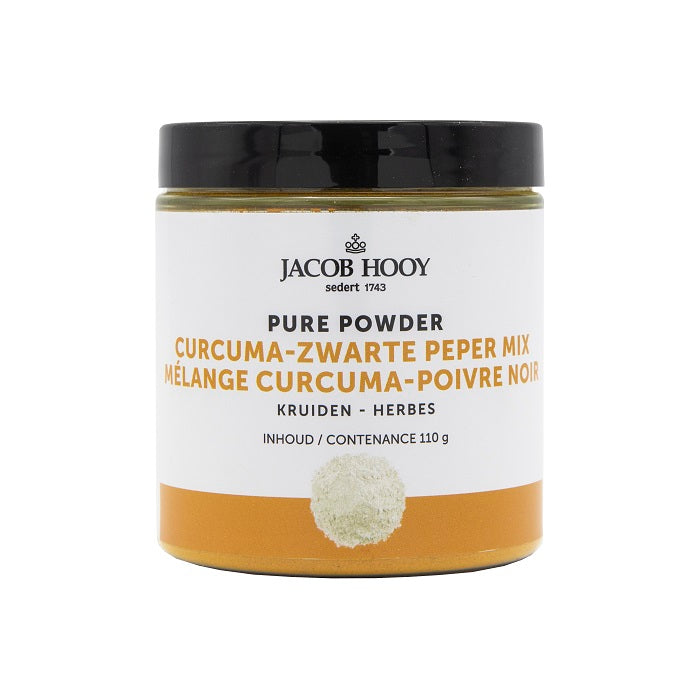 Jacob Hooy Pure Powder turmeric and black pepper mix in a 110g jar, used for herbal preparations and spice blends.