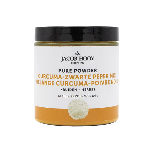 Jacob Hooy Pure Powder turmeric and black pepper mix in a 110g jar, used for herbal preparations and spice blends.