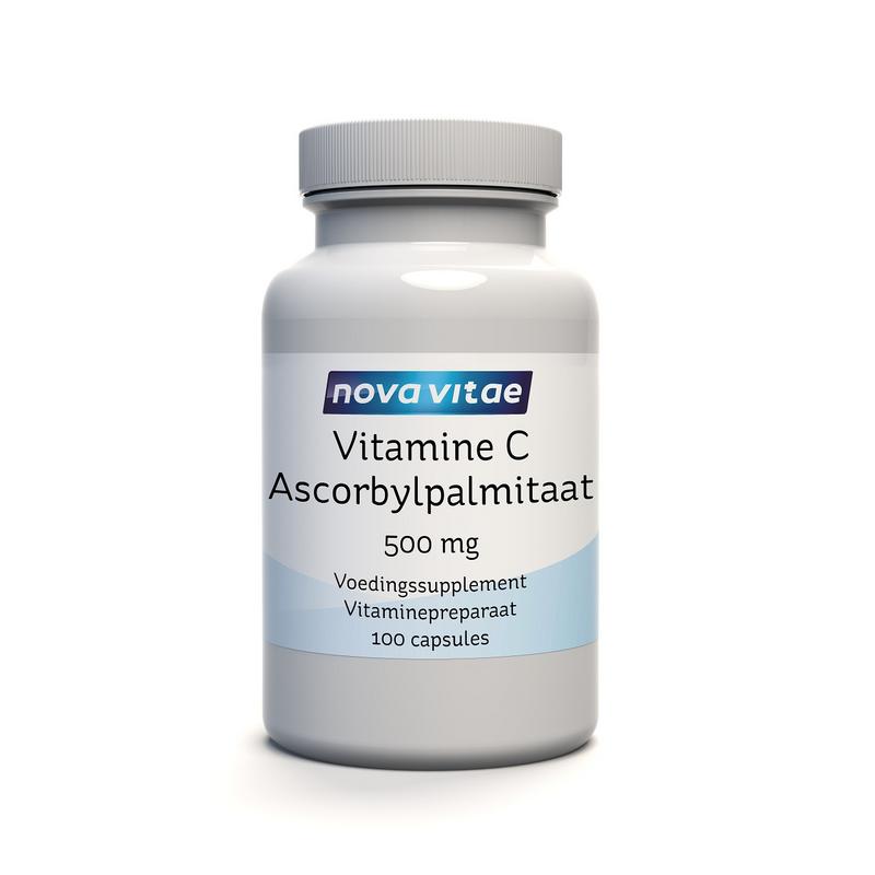 Nova Vitae Vitamin C ascorbyl palmitate vegetarian capsules, 500mg, 100 count, dietary supplement with orange-colored capsules.