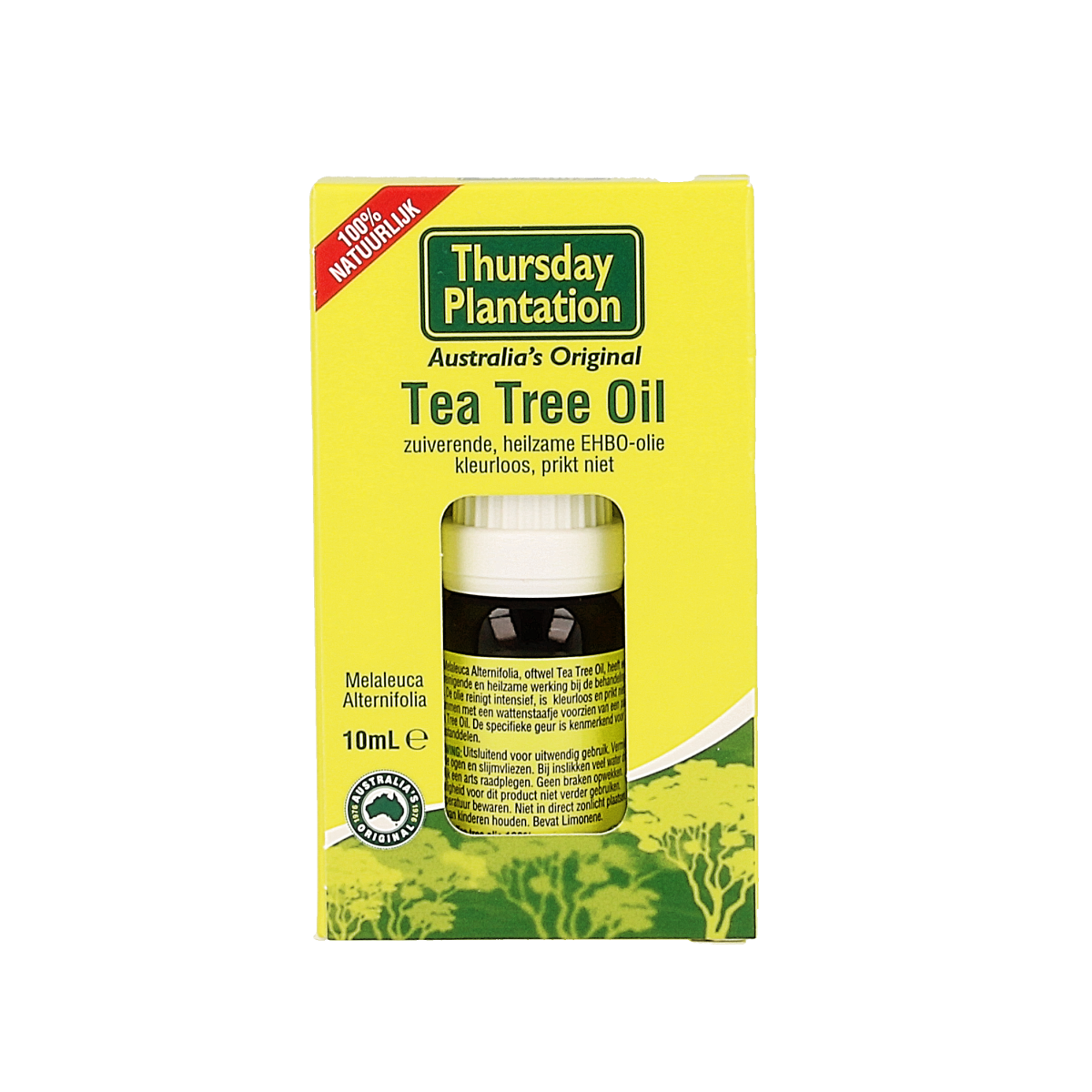 Thursday Plant Tea Tree Oil 10ml bottle for body care, featuring a clear glass container with a white cap and label.
