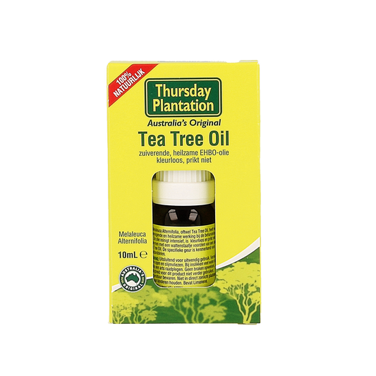 Thursday Plant Tea Tree Oil 10ml bottle for body care, featuring a clear glass container with a white cap and label.