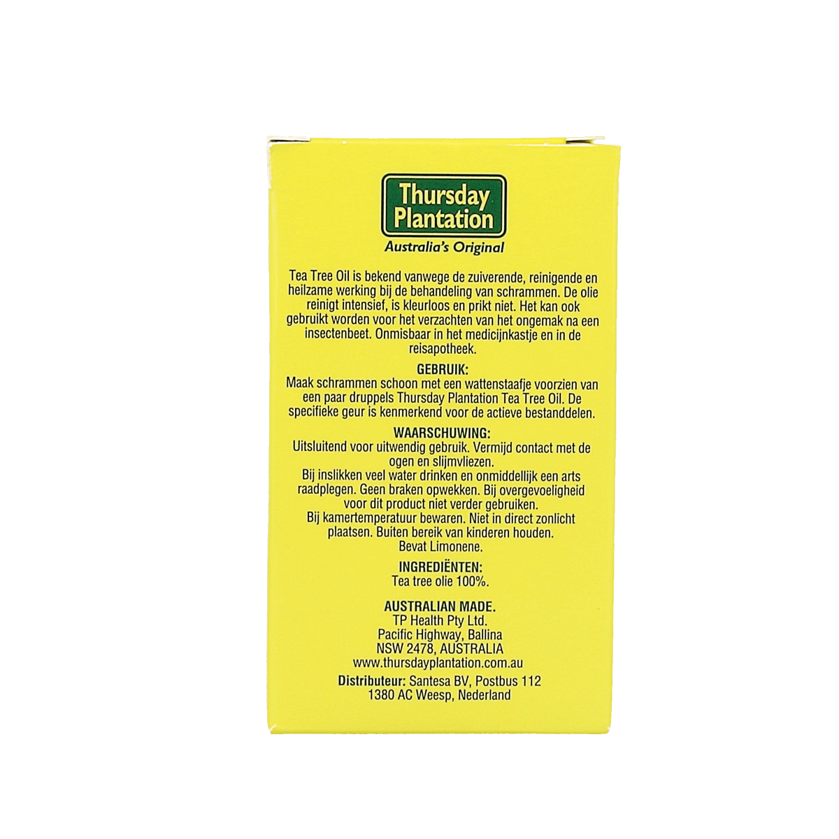 Thursday Plant Tea Tree Oil 10ml bottle, natural body care product with clear label and dropper cap, on a white background.