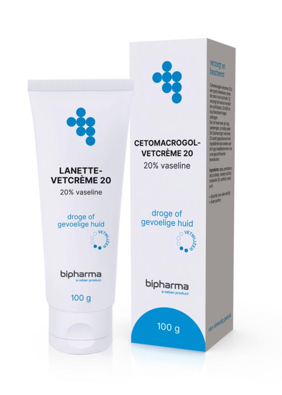 Bipharma Lanette Vetcreme 20% body care cream in 100g tube, suitable for skin soothing and moisturizing.